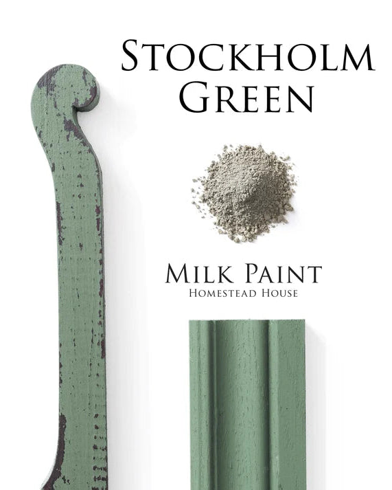 Stockholm Green milk paint with a sample and Homestead House branding on a white background