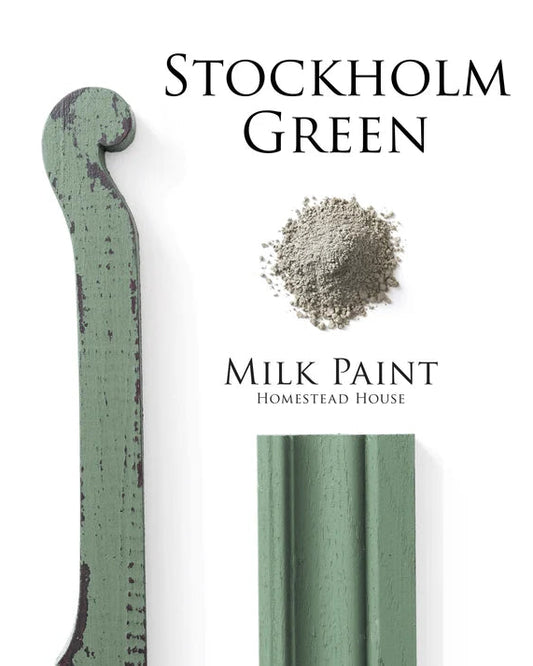 Stockholm Green milk paint with a sample and Homestead House branding on a white background