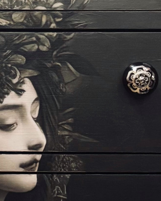 'Siren' Chest of Drawers - Black and Dark Oak with Decoupage