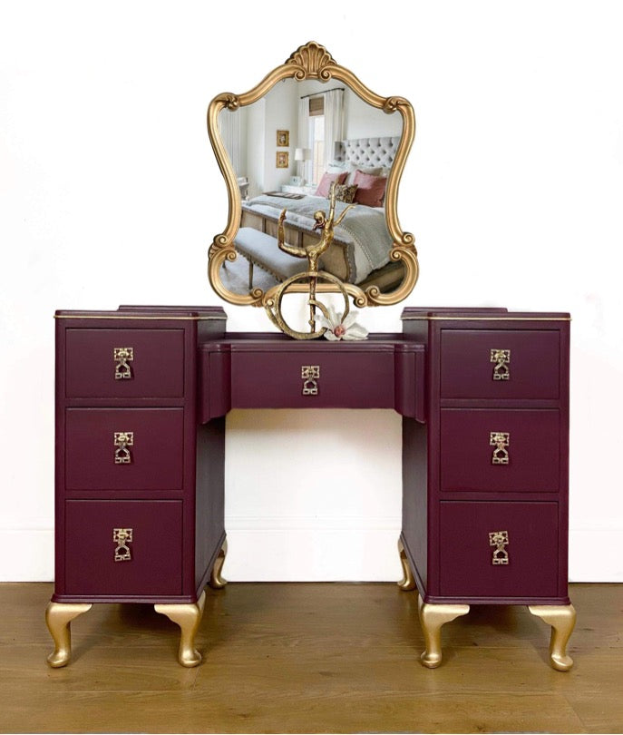 Elderberry Dressing Table, Purple and Gold Vanity Unit, Painted Vintage Drawers, Glam Bedroom Furniture