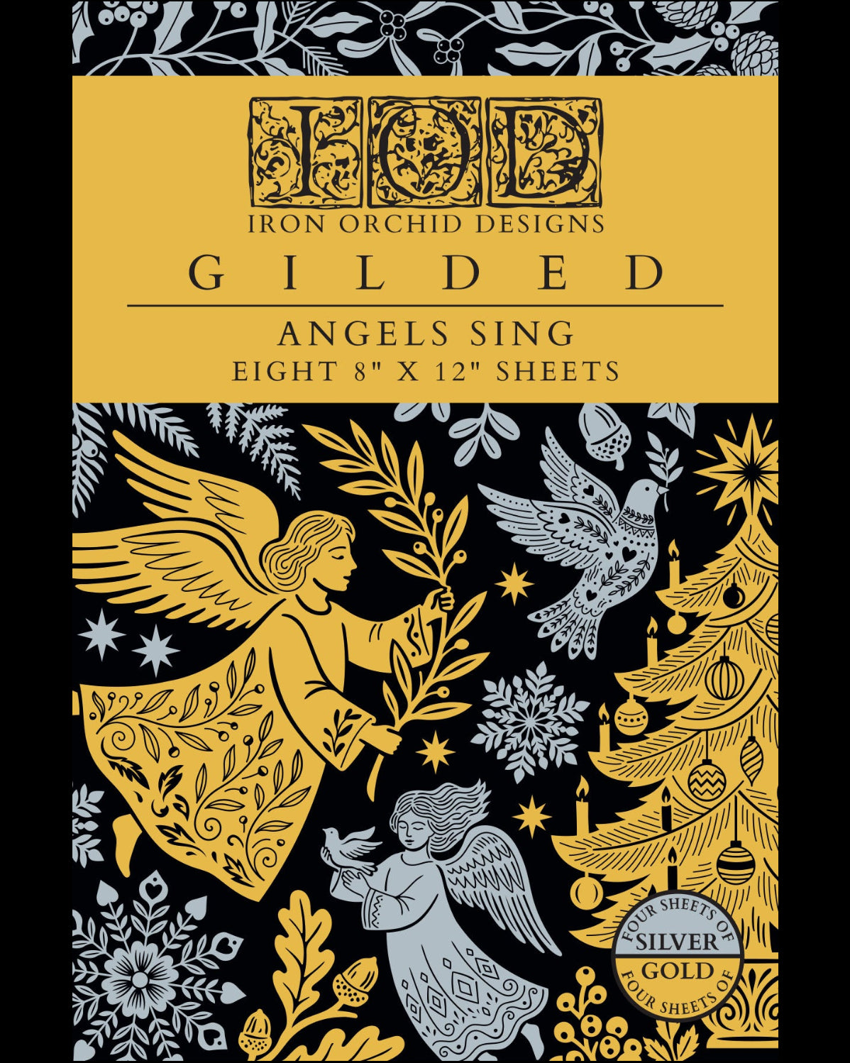 Cover of the Iron Orchid Designs 'Gilded' sheet set, featuring a gold and black background with silver-gray illustrations of angels, a Christmas tree, and snowflakes. Text indicates eight 8" x 12" sheets.