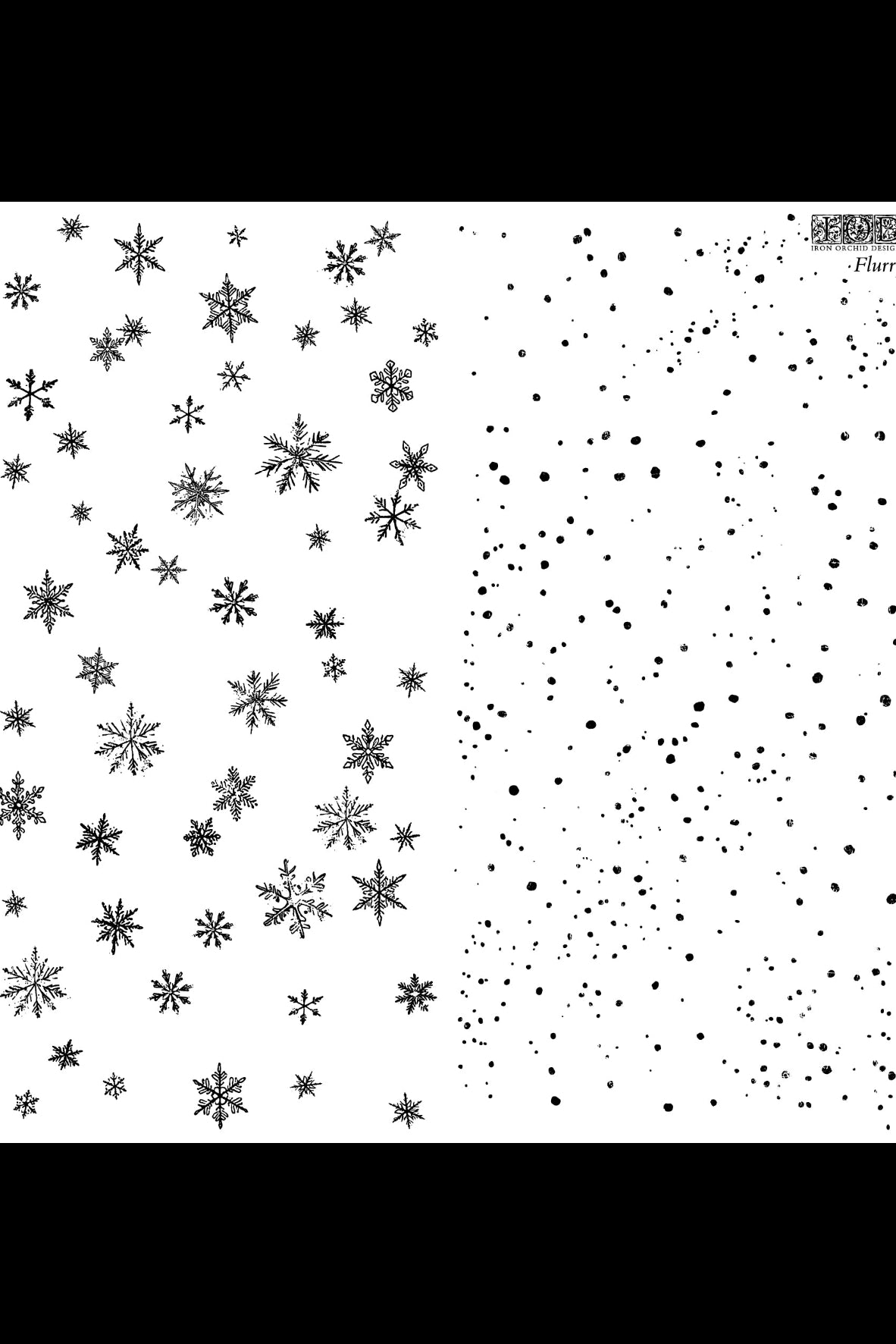 Black and white snowflake and dot pattern swatch, split vertically with intricate snowflakes on the left and scattered dots on the right, on a white background.