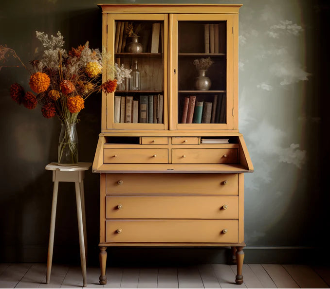 Wooden cabinet with books and flowers in a room with a dark wall and light floor.