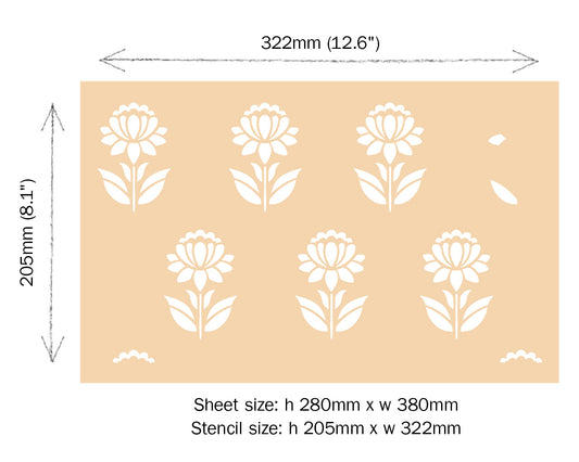 Floral stencil with dimensions on a beige background