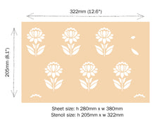 Load image into Gallery viewer, Floral stencil with dimensions on a beige background