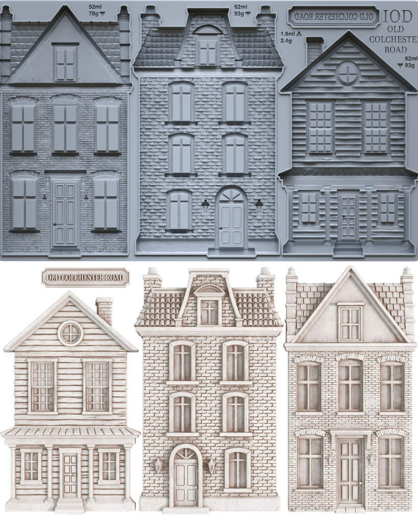 A set of miniature Victorian-style house molds and cutouts, including a gray metal mold tray at the top and three finished light beige house cutouts below on a white background.