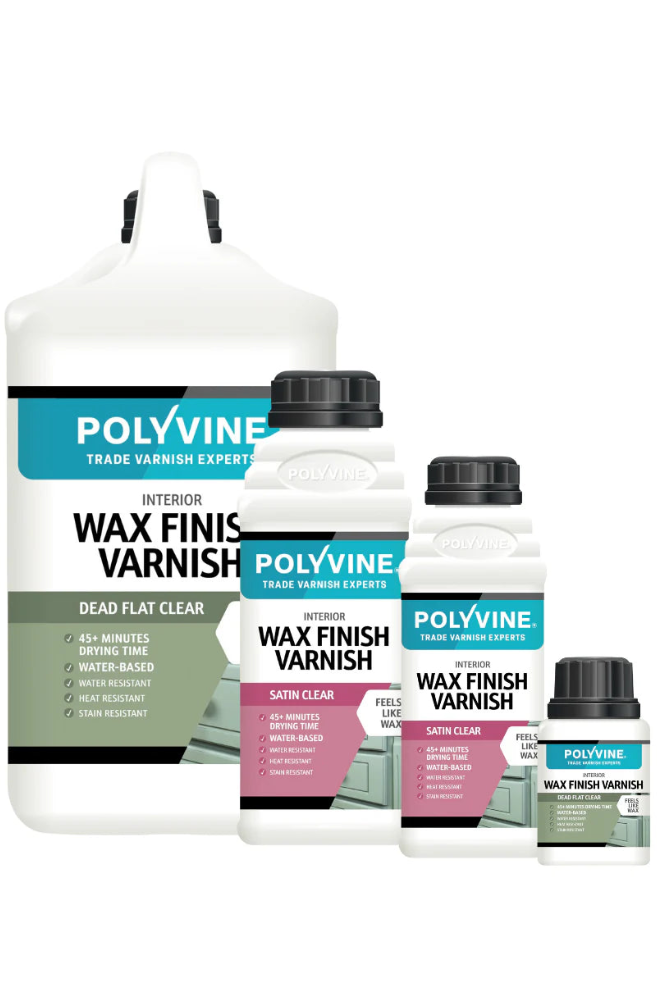 Collection of Polyvine wax finish varnish bottles on a white background