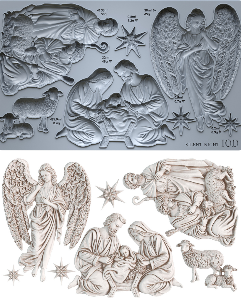 A Iron Orchid Designs IOD silicone mold set featuring detailed Christmas nativity and angel designs, shown both in its gray silicone form and as the finished light beige carved plastic pieces.