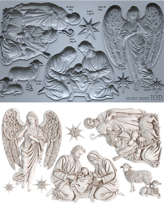 A Iron Orchid Designs IOD silicone mold set featuring detailed Christmas nativity and angel designs, shown both in its gray silicone form and as the finished light beige carved plastic pieces.