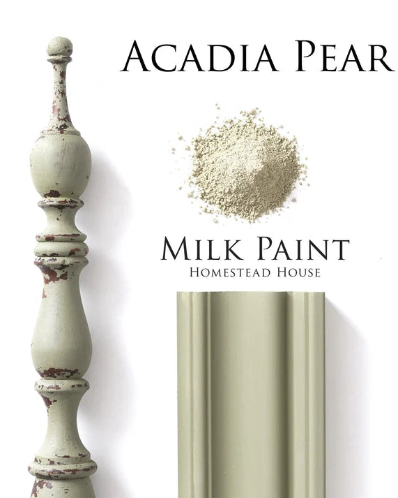 Acadia Pear Milk Paint Homestead House color swatch showing a painted wood post and a paint swatch strip next to a pile of the textured paint powder.