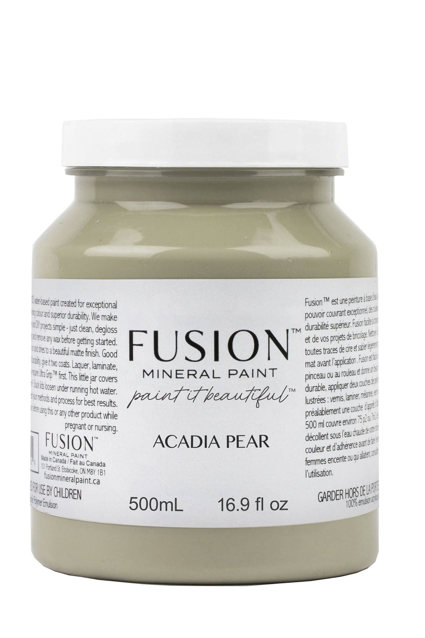 Jar of Fusion Mineral Paint in Acadia Pear color on a white background