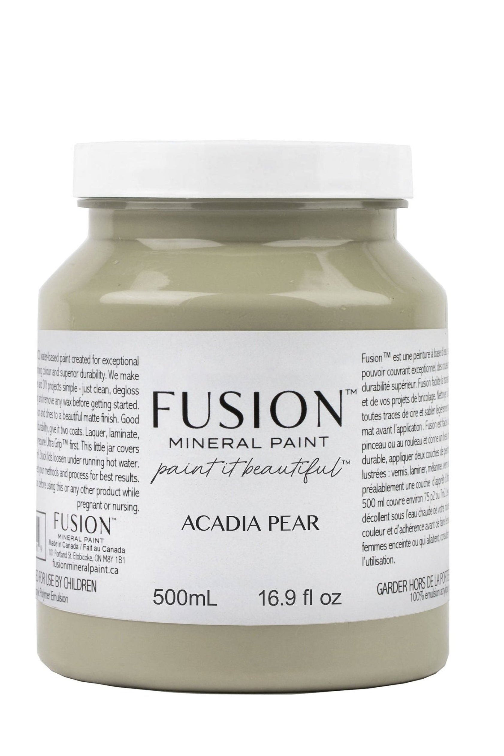 Jar of Fusion Mineral Paint in Acadia Pear color on a white background