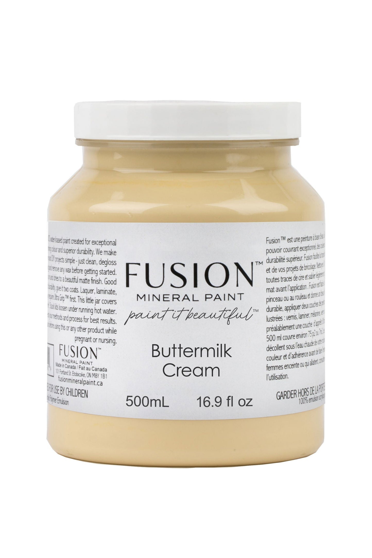 Jar of Fusion Mineral Paint in Buttermilk Cream on a white background