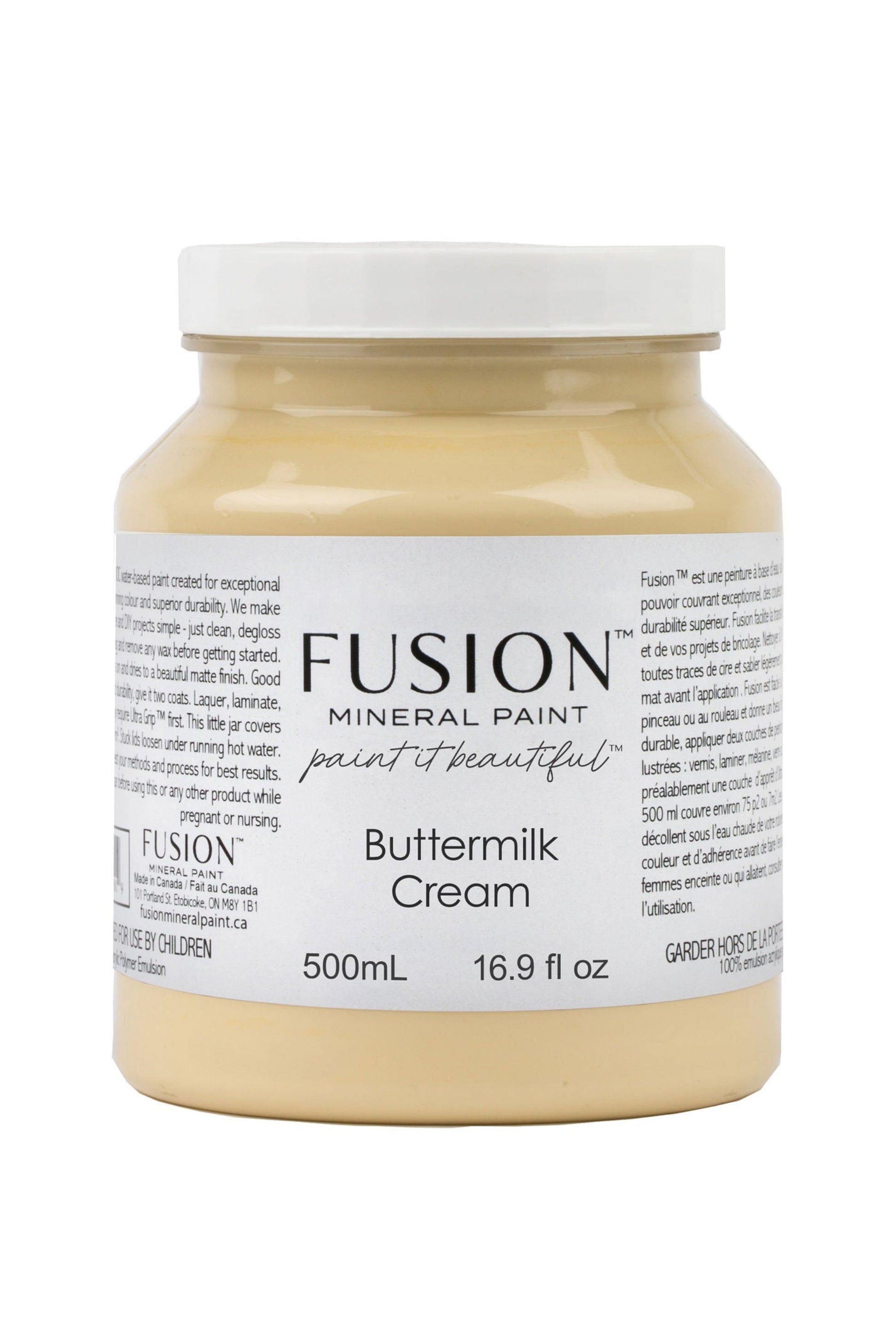 Jar of Fusion Mineral Paint in Buttermilk Cream on a white background