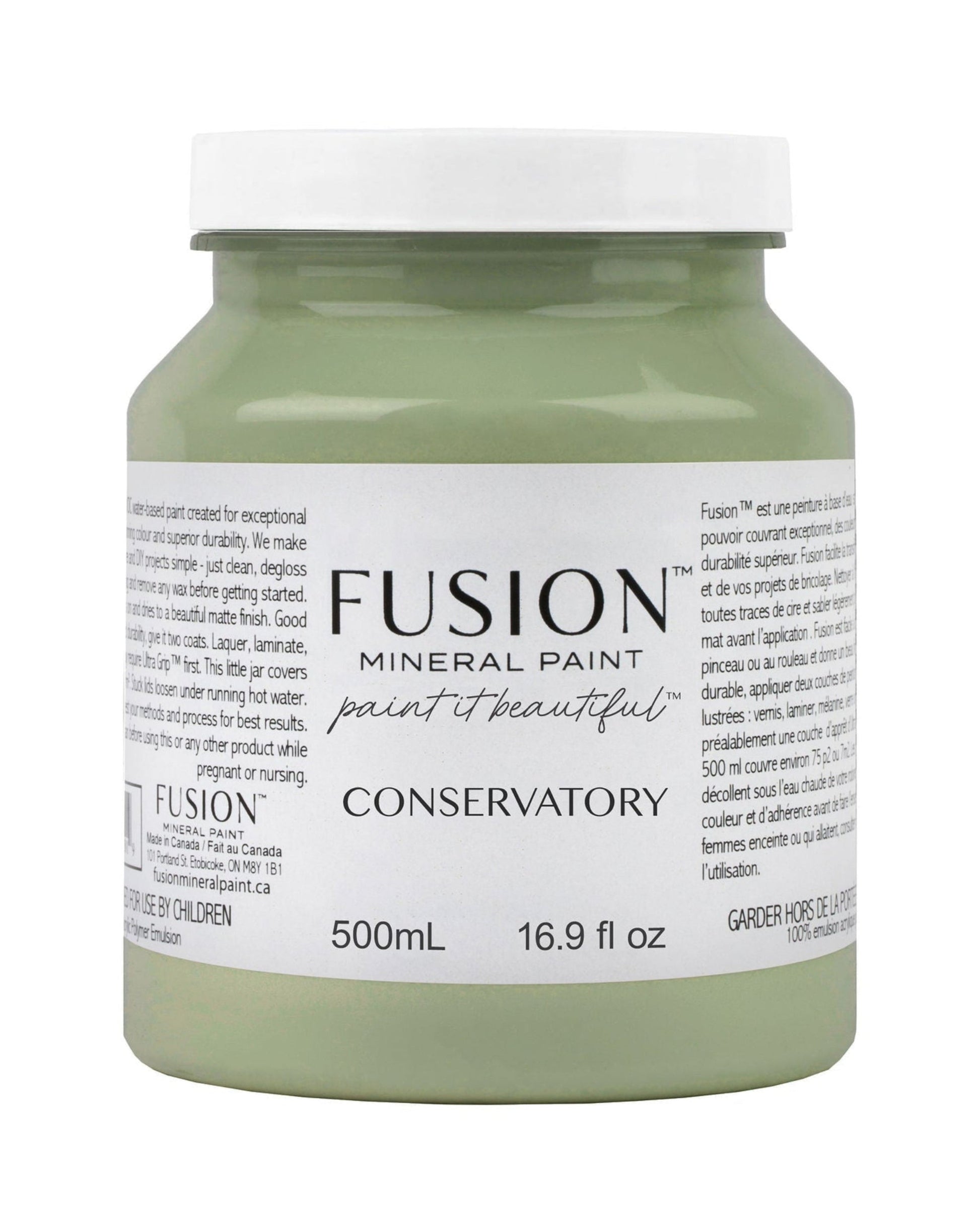 A 500ml jar of Fusion Mineral Paint in the Conservatory shade, featuring a white lid and a white label with black text, set against a plain white background.
