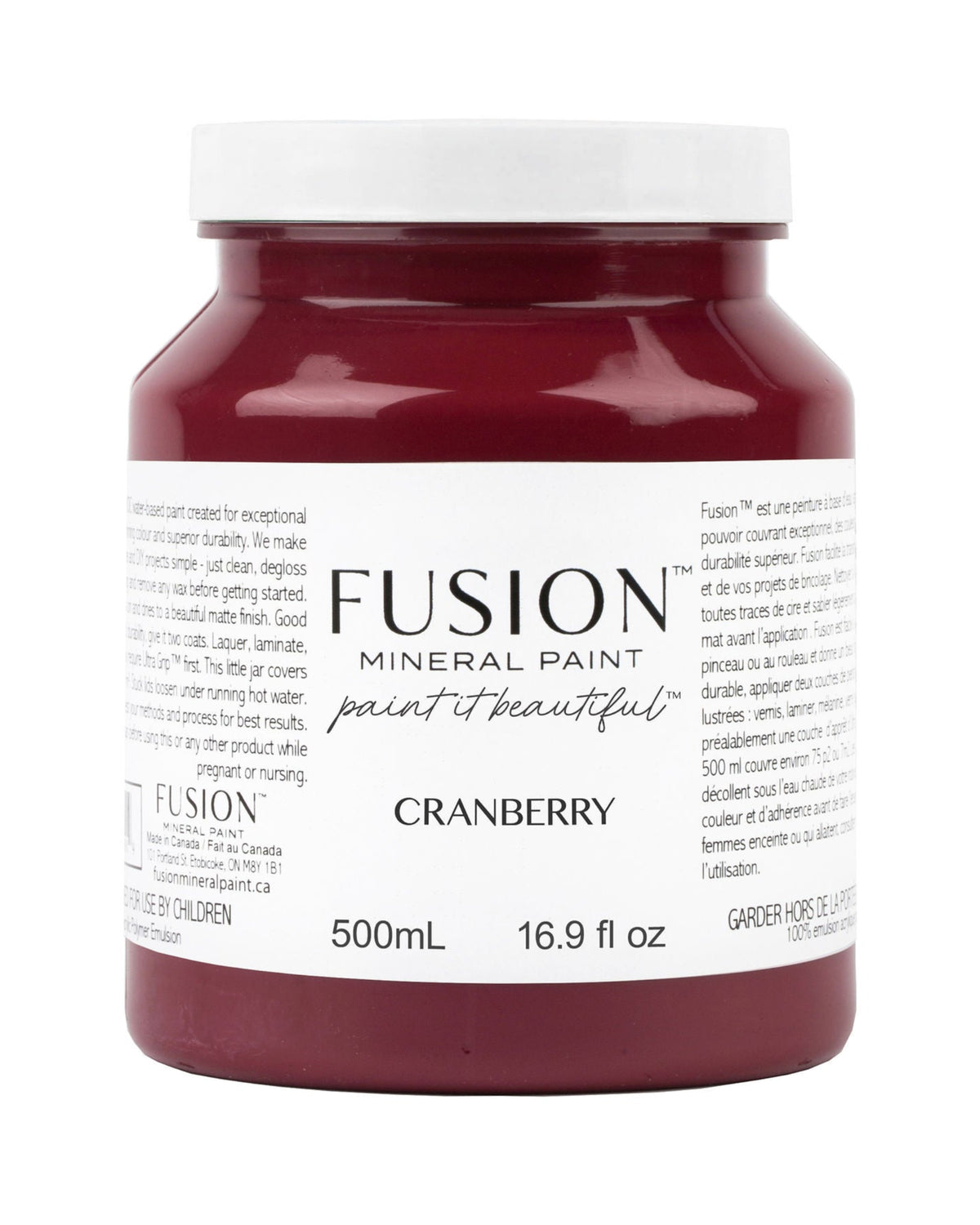 A 500 mL jar of Fusion Mineral Paint in the Cranberry color, featuring a white label and a white screw cap, set against a plain white background.