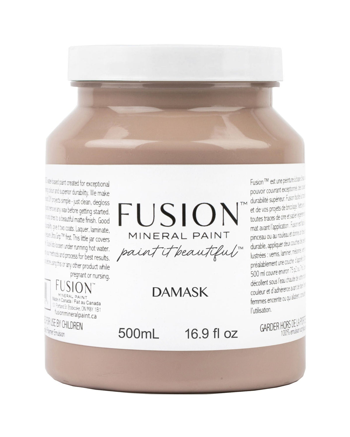 A 500 mL jar of Fusion Mineral Paint in the Damask shade, featuring a white cap and a white label with black text, set against a plain white background.