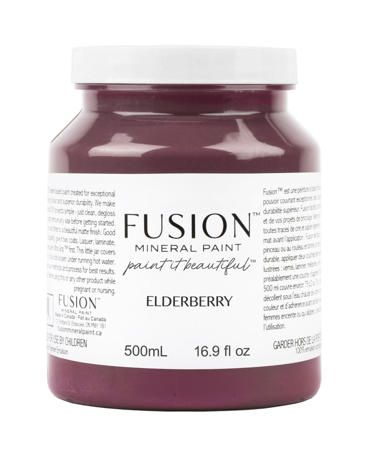 A 500 mL jar of Fusion Mineral Paint in the color Elderberry, 