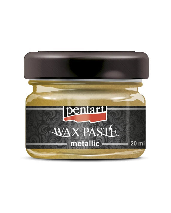 A 20 ml glass jar of Pentart Wax Paste metallic in a metallic gold shade.