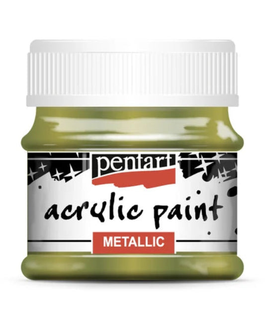 A jar of Pentart metallic acrylic paint in a golden touch