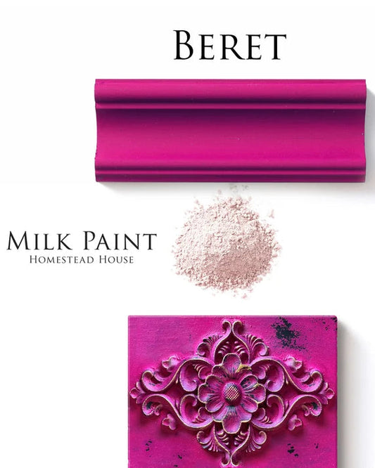 Milk paint in pink color with a decorative container and powder on a white background, featuring the brand 'Homestead House'.