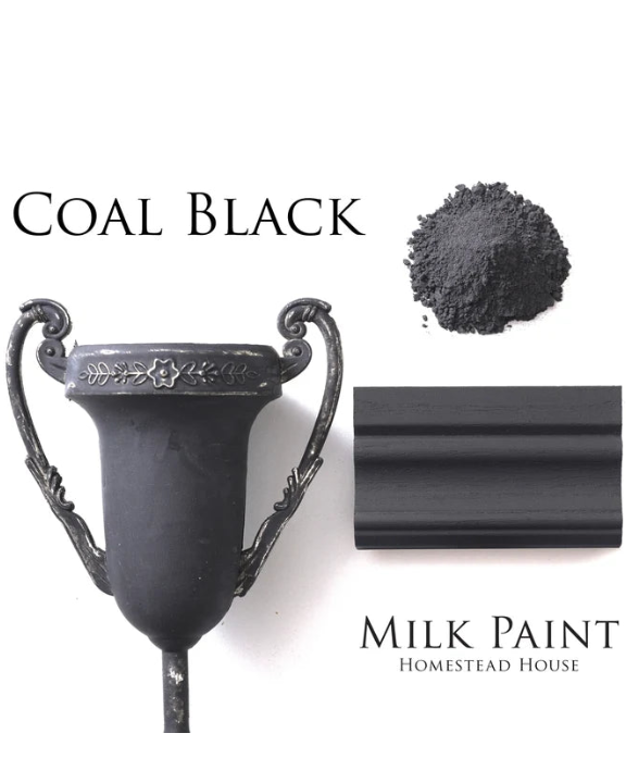 Coal Black milk paint with decorative vase and sample on a white background