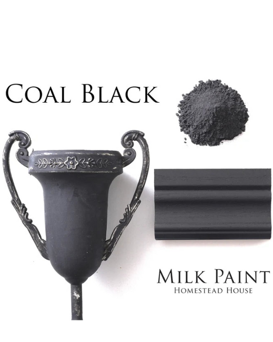 Coal Black milk paint with decorative vase and sample on a white background