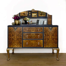 Load image into Gallery viewer, Vintage Walnut Sideboard, Black and Wood Dresser with Mirror, Dining Room Furniture