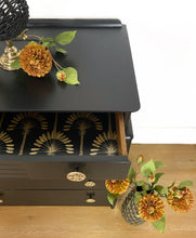 Load image into Gallery viewer, Black Chest of Drawers, Vintage Black and Gold Dresser, Painted Black Bedroom Furniture, Stag Chest of Drawers