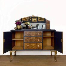 Load image into Gallery viewer, Vintage Walnut Sideboard, Black and Wood Dresser with Mirror, Dining Room Furniture