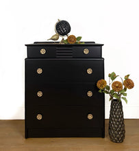 Load image into Gallery viewer, Black Chest of Drawers, Vintage Black and Gold Dresser, Painted Black Bedroom Furniture, Stag Chest of Drawers