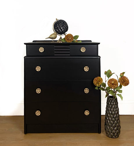 Black Chest of Drawers, Vintage Black and Gold Dresser, Painted Black Bedroom Furniture, Stag Chest of Drawers