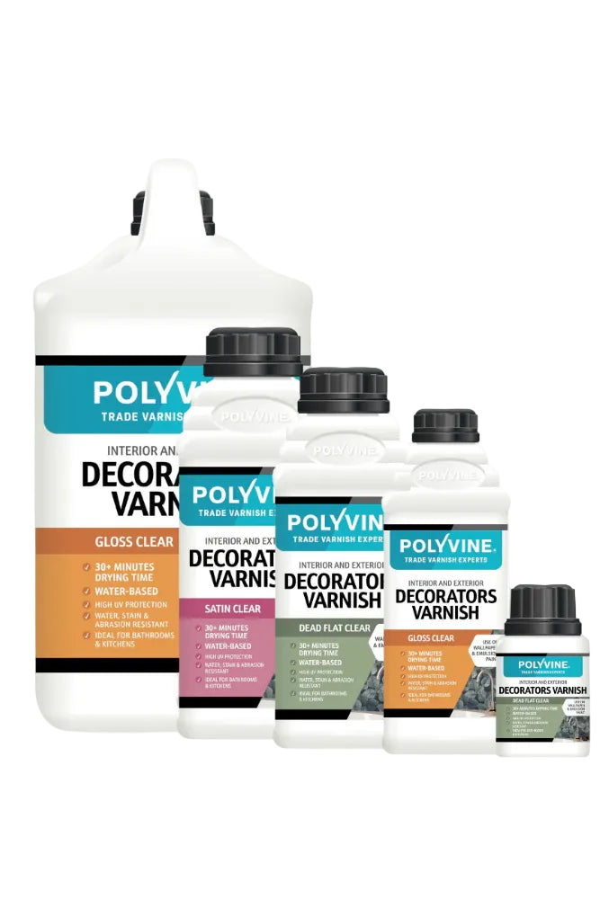 Collection of Polyvine decorator varnish bottles on a white background