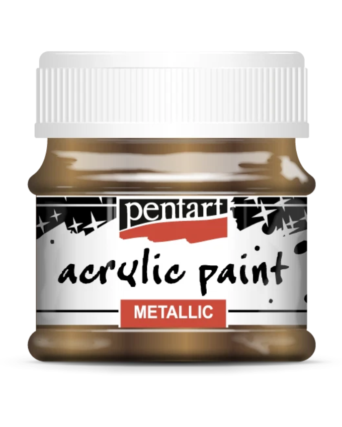 A jar of Pentart  metallic acrylic paint in Brass