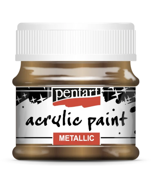 A jar of Pentart  metallic acrylic paint in Brass