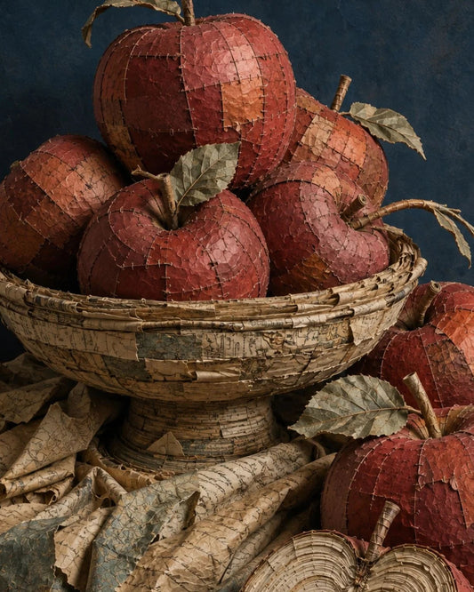 Mint decoupage paper for furniture featuring  still-life arrangement of textured, patchwork-style red apples with dried leaves in a woven pedestal bowl, surrounded by rustic leaves and wood slices against a dark blue background.