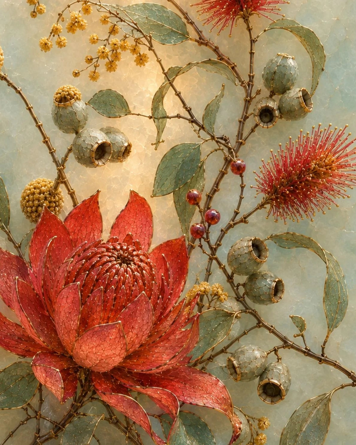 MINT decoupage paper for furniture featuring a botanical-style artwork showing a large red protea flower, green leaves, small yellow clusters, and gray-green eucalyptus bolls on a pale blue background.