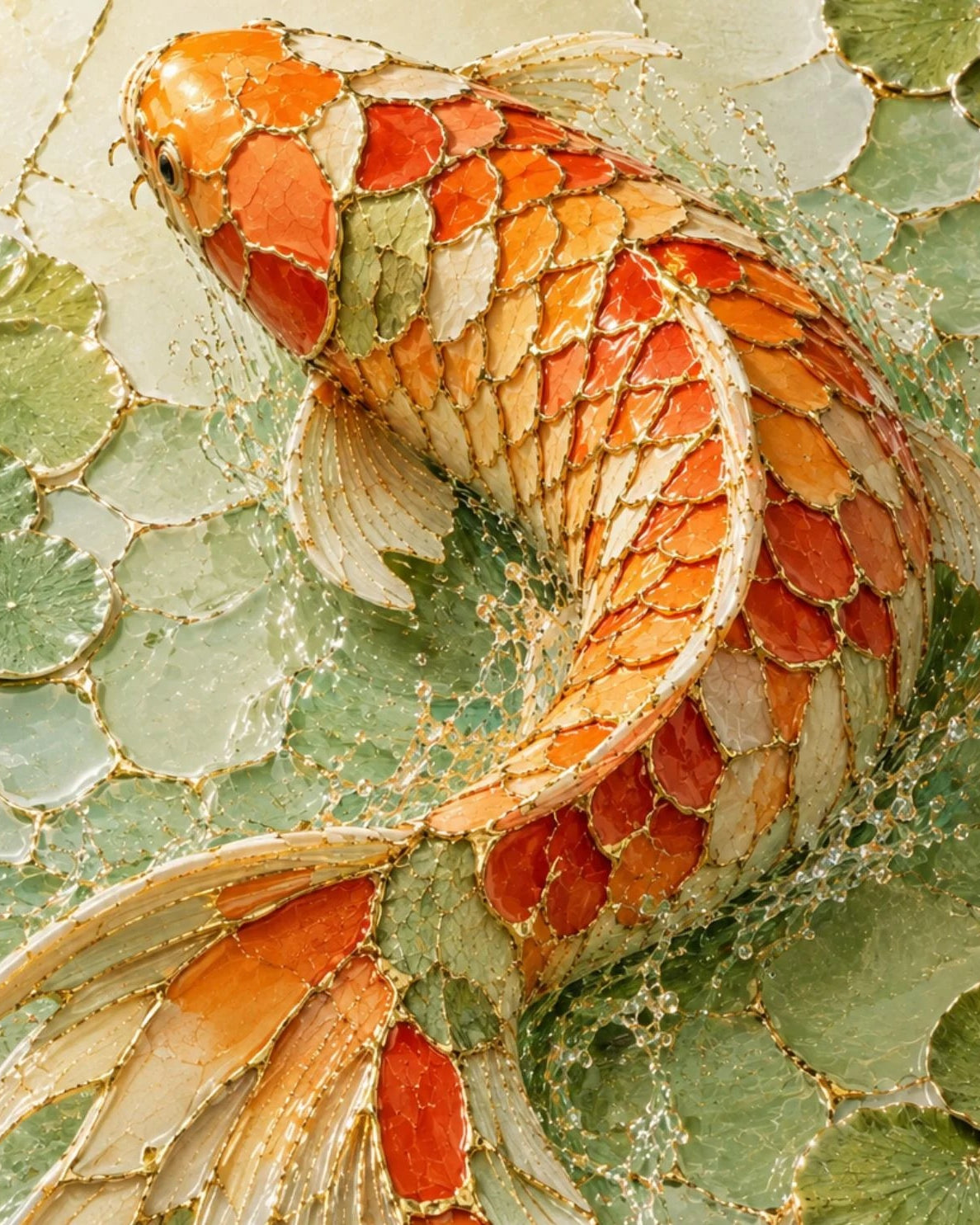 A close-up of a koi fish artwork MINT decoupage paper for furniture with orange, cream, and red scales swimming over green lily pads on a light background.