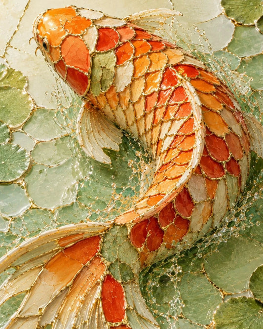 A close-up of a koi fish artwork MINT decoupage paper for furniture with orange, cream, and red scales swimming over green lily pads on a light background.