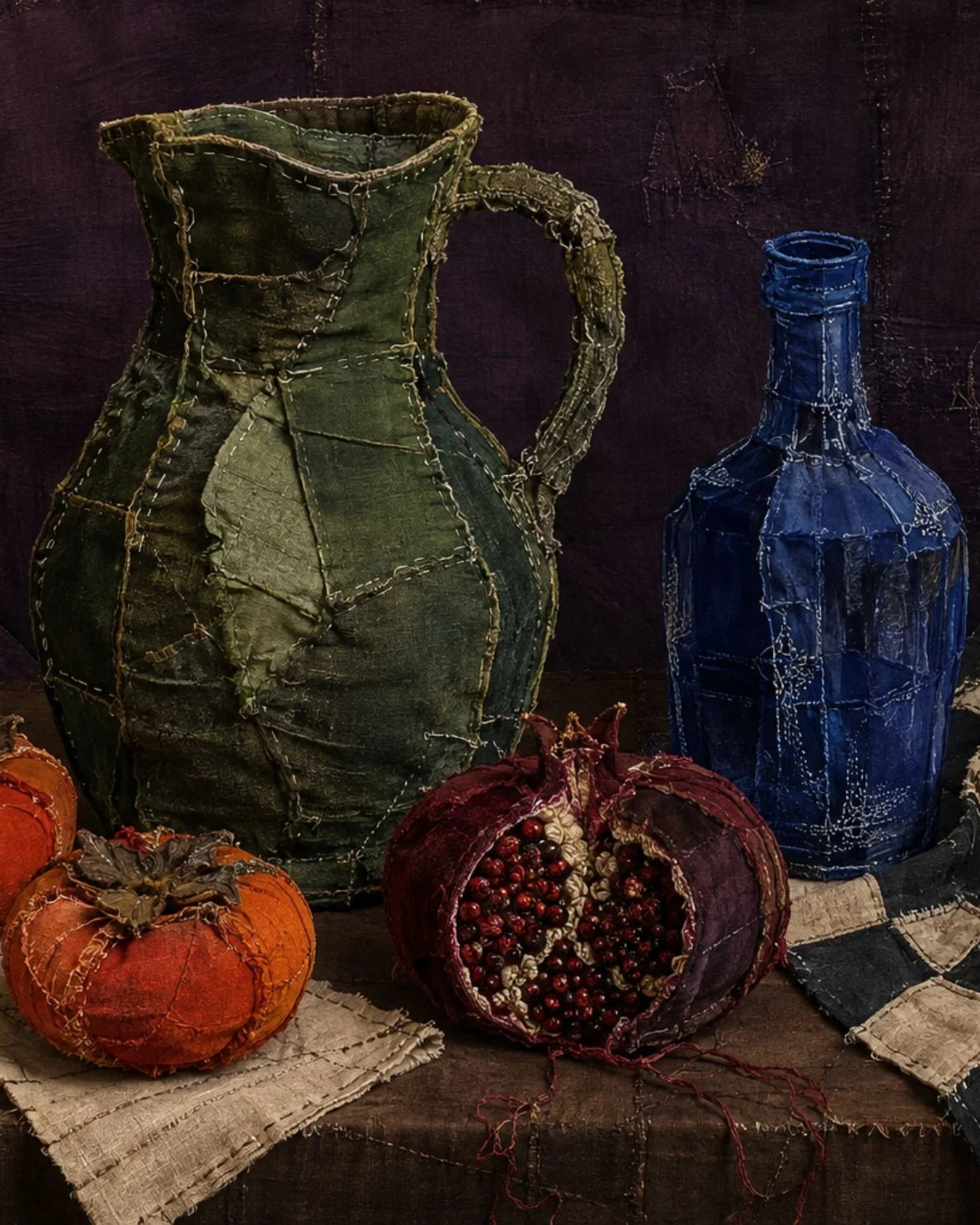 MINT Decoupage paper for furniture still life arrangement of handmade textile objects on a dark wooden surface against a deep purple backdrop: a large stitched green pitcher, a faceted blue bottle, two orange pumpkins, a cut open pomegranate, and checkered cloth pieces.