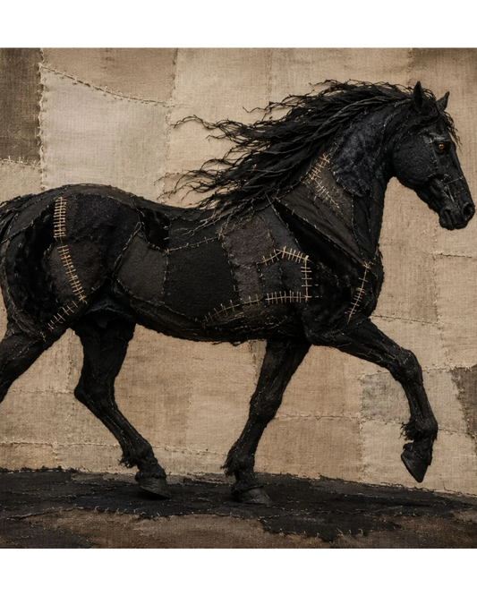 Mint decoupage paper for furniture black horse sculpture or figurine with a flowing mane and stitched panel detailing, shown against a textured beige patchwork wall.