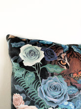 Load image into Gallery viewer, Tiger and Roses Cushion in Fierce, Black Velvet Cushion