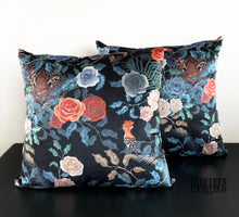 Load image into Gallery viewer, Pair of Tiger and Roses Cushions in Fierce, Black Velvet Cushions,