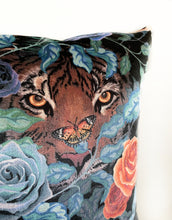 Load image into Gallery viewer, Pair of Tiger and Roses Cushions in Fierce, Black Velvet Cushions,