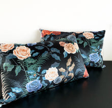 Load image into Gallery viewer, Pair of Tiger and Roses Pillows in Fierce, Black Velvet Cushions,